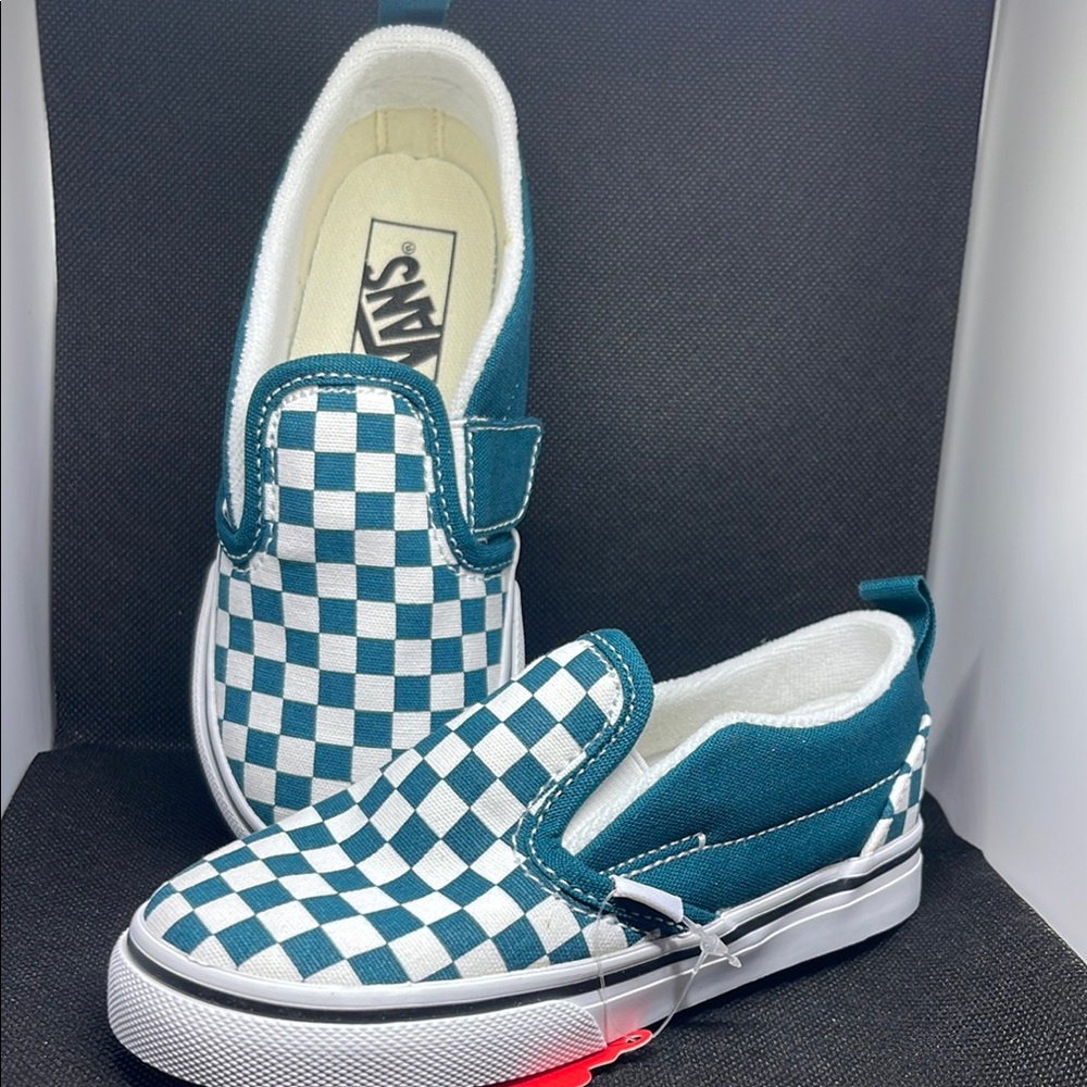 Vans Kids Checkerboard Slip-On Shoes - Teal and White